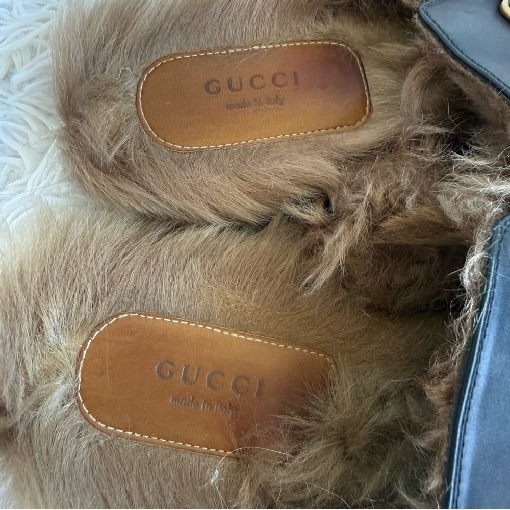 Gucci Princetown Black Leather Mules with Fur and Roaring Tiger Size 38 - Picture 5 of 12